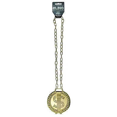 Gold Doller Coin Necklace Chain 70's Stag Gangster Pimp Halloween Fancy Dress • £5.22