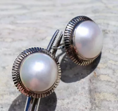 14k Solid White Gold Mabe Pearl 8.5 Grams 0.68  Earrings Vintage Quality • $249.99