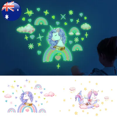 Rainbow Unicorn Glow In The Dark Stars Wall Heart Stickers Kids Room DIY Decor F • $8.58