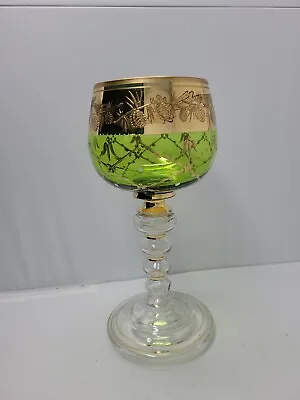 Bohemian Moser Goblet / Chalice Green / Clear Gold Design 19th C.  8 1/2  • $295