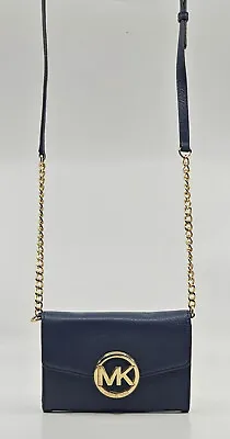 Michael Kors Hudson Navy Blue Pebbled Leather Chain Strap Crossbody Shoulder Bag • $69.30