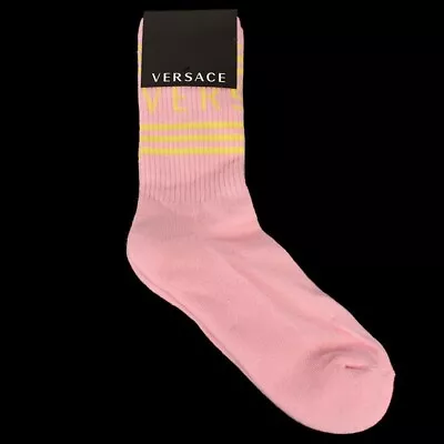 VERSACE Mens Pink Yellow LOGO STRIPE Cotton Blend Crew Socks MEDIUM NWT • $59.99