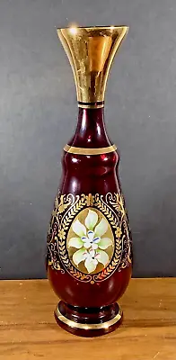 Venetian Glass Vase Hand Blown Red Enameled Florals Gold Gilt 11” Tall Murano • $30.99