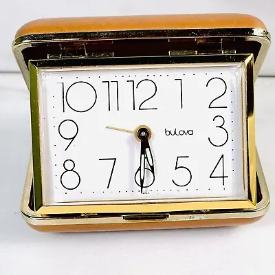 Vtg Bulova Travel Alarm Clock Wind-Up Gold/Brown Leather Case Tested/Works Japan • $24.95