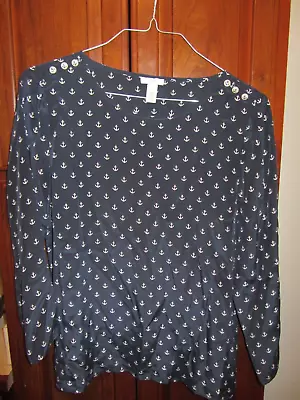 J. CREW Ladies Top Blouse SIZE 14 Nautical Anchor Print Design 100% SILK Navy • $17.99