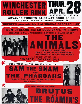 The Animals - Sam The Sham - 1966 - Winchester Roller Rink - Concert Poster • $14.99