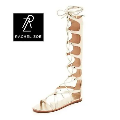 Rachel Zoe Metallic Gold Gladiator Sandals Knee High Kidskin Leather Lace-up 6 • $54