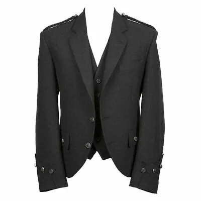 £70 • Buy Charcoal Grey Wool Argyle Kilt Jacket With Vest Wedding Kilt Jacket For Men