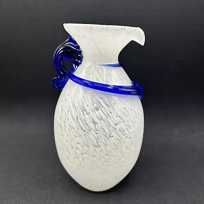 Murano Style Glass Crystal Handmade White Cobalt Blue Swirl 7” Vase • $25