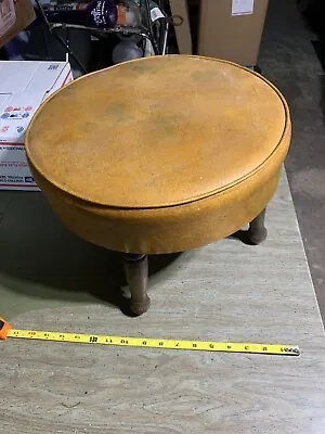 Vintage Round Vinyl Footstool With Wood Legs Orange Tan • $57.50