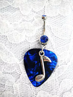 DEEP BLUE GUITAR PICK & SILVER ALLOY MUSIC NOTE On 14g COBALT BLUE CZ BELLY RING • $5.99