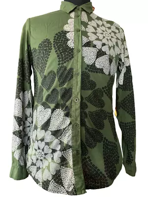 DESIGUAL Sz L 12 AUS Green Heart Long Sleeve Collared Button Up Shirt • $24