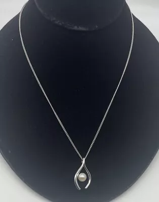 Mikimoto Sterling Silver Wishbone Pearl Pendant Necklace • $89