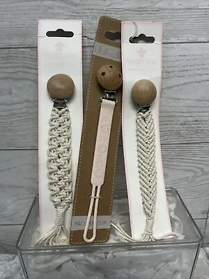 Shabby Chic Boho Pacifier Clip X3 Baby Ivory Beige Wood Braided New With Tags • $24