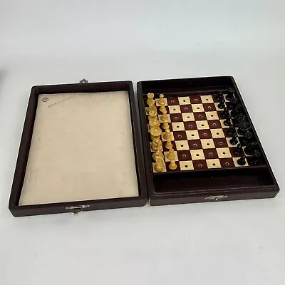 Vtg Miniature Travel Chess Set Board Hand Carved Wood Peg Pieces W/ Vinyl Case • $34.95