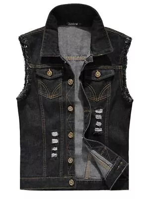 Zicac Men's Top Design Denim Vest Waistcoat With Broken Holes Black 5X-Large • $22.11