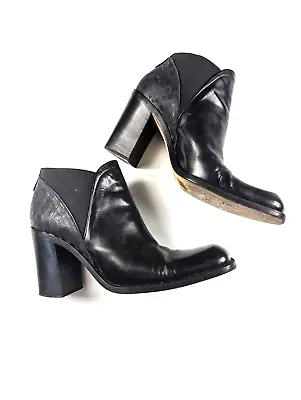 VIA SPIGA Black Leather Croc Embossed Block Heel Ankle Boots Square Toe Sz 10 • $35