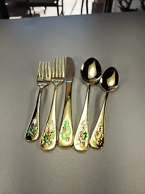 Holly Berry Flatware Gold Tone Spoons Forks Knives 5pc Japan Christmas  • $14.95