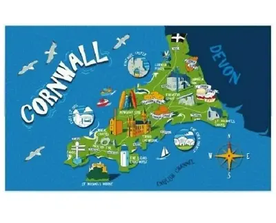 Cornwall Map Tea Towel Cornish Souvenir Gift Cotton Scenes Cities Scones Fudge • £5.49