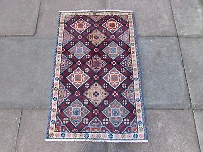 Vintage Traditional Hand Made Oriental Blue Wool Small Rug 107x67cm • £60