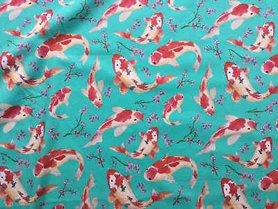 £4.50 • Buy Koi Carp Japanese Cherry Blossom  Floral Fish Fabric 100% Cotton Material   