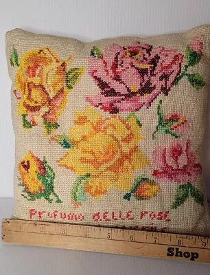 Vtg Italian Needlepoint Rose Pillow   Scent Of Roses Spring Smell  • $18