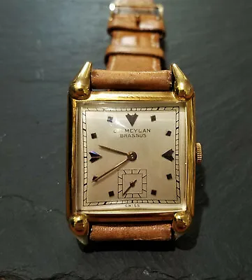 Circa 1940 Vintage NOS CH Meylan Gent's Heavy 18k Teardrop Lug Tank Watch • $5995