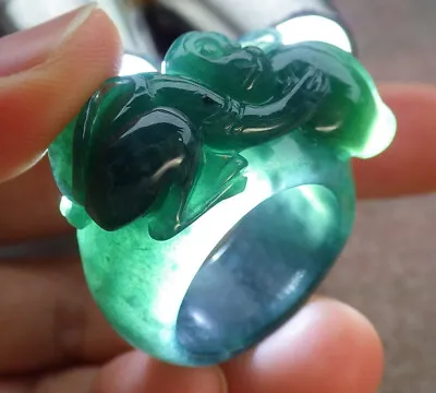 Certified Icy Green Burma Natural A JADE Jadeite Monkey RING USA. 10 戒指 641616 • $134.40