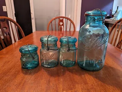 Vintage Aqua Blue  Ball Ideal  Mason Jars With Glass Lids & Wire Bales Lot Of 4 • $53.99