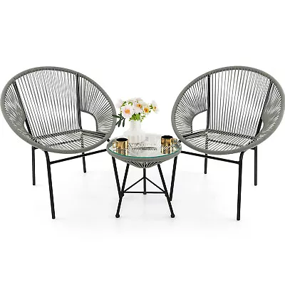 Patiojoy 3PCS Patio Acapulco Furniture Bistro Set Plastic Rope Glass Table Grey • $129.99