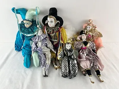 Vintage Harlequin Clown Mardi Gras Jester Porcelain Dolls - Lot Of 7 • $50.40