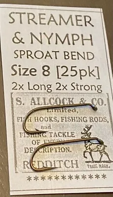 25) #8 Vintage ALLCOCKS Fly Tying Hooks 2x Long 2x Strong (made In England) • $1.90