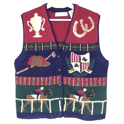 Vtg ROBERT SCOTT Sweater Vest M Equestrian 100% Wool Horse Racing Christmas Top • $27