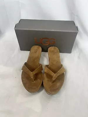 UGG Brook Tan Suede Casual Thong Wedge Sandals Size 6 NEW • $25