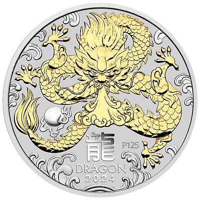 2024 Australia Lunar Year Of The Dragon GILDED 1oz Silver $1 Coin W/OGP/BOX Gilt • $95