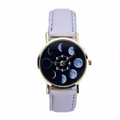 Girl Fashion Gold Tone Moon Phase Design Dial Quartz White Band Wrist Watch. • $16.86