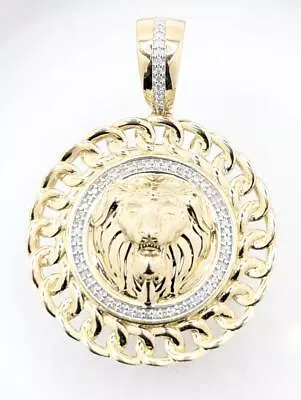 10K 7g 2 Tone Gold Chain Link Bezel Lion Head Diamond Pendant Medallion • $439.20