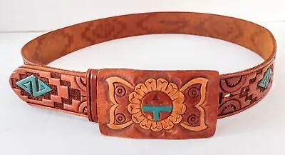 Vintage Chambers Belt Southwestern Leather Tooled And Buckle Painted Western 36 • $39.99