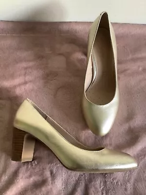 £18 • Buy M&S Footglove Gold Shimmer Leather Small Block Heel Slip On Shoes Size 5 Ex/Cond