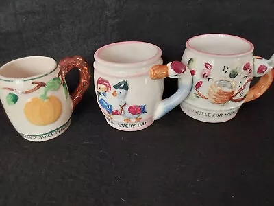 Vintage 1950's Childs Ceramic Milk Juice Cups With Sayings And Whistle Lot Of 3 • $26