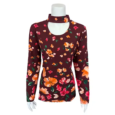 Isaac Mizrahi Women's Engineered Floral Print Mock Neck Top Red Multi Large Size • $17.50