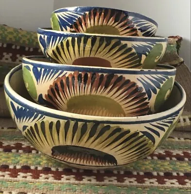 Mexican Clay Nesting Bowls Vintage Hand Painted Set Of 4  • $190