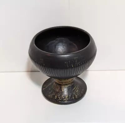 Vintage McCoy Black Ceramic Pedestal Planter Vase Trinket Bowl Gold Accents • $22