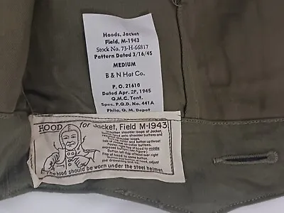 USGI WWII M1943 OD Field Jacket Hood Unissued Size Medium 38-42 • $16.95