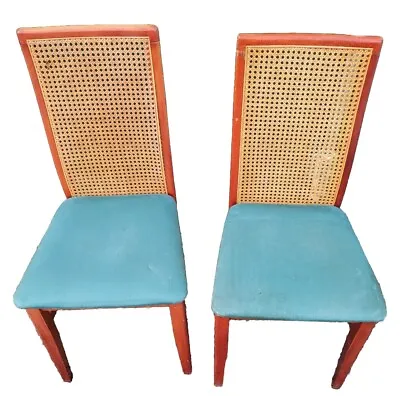 2 X Wooden Dining Chairs W/Rattan-Woven Cane Backrest Curved Back Seat MFI • £44.99