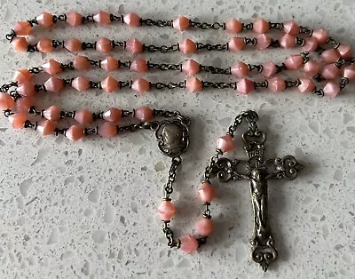 Vintage Pink Faceted And Silver Relic Center Catholic Rosary SUPERB • $14.99