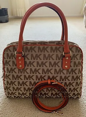 Michael Kors Women's Signature Jacquard Large Satchel Bag Beige Orange • $149