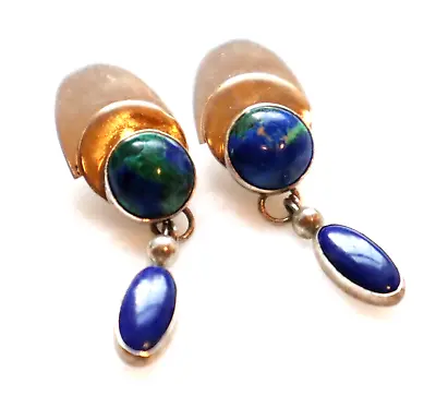 Vintage Artisan Azurite Lapis Earrings Sterling Silver And Gold Filled Setting • $46