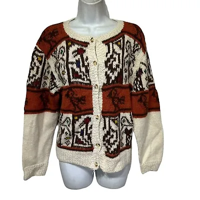 Vintage Indio Peruvian Llama Knit Alpaca Bird Button Up Cardigan Sweater Size M • £28.93