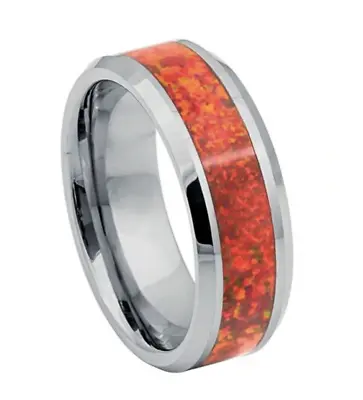 8mm Men's Synthetic Red Fire Opal Inlay Beveled Tungsten Wedding Band Ring • $32.96